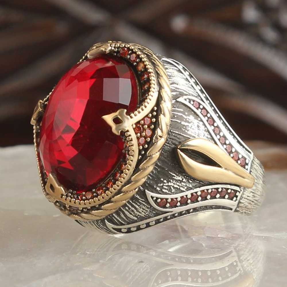 Tulip Design Silver Ruby Stone Mens Ring