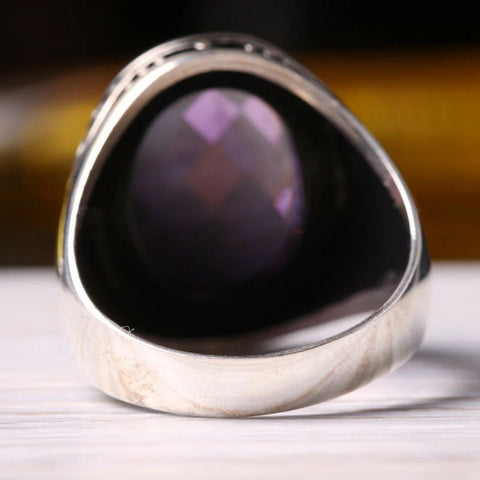 Turkish 925 Sterling Silver Facet Amethyst Stone Mens Ring