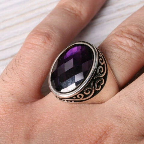 Turkish 925 Sterling Silver Facet Amethyst Stone Mens Ring