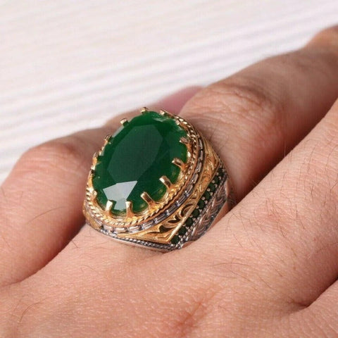 Turkish 925 Sterling Silver Multi Green Emerald Stone Mens Male Ring