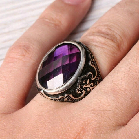 Turkish 925 Sterling Silver Purple Faceted Amethyst Stone Mens Ring
