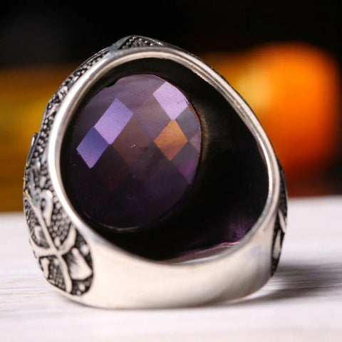 Turkish 925 Sterling Silver Purple Faceted Amethyst Stone Mens Ring