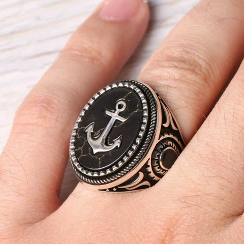Turkish 925 Sterling Silver Sailor Seaman Anchor Onyx Stone Mens Ring