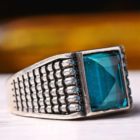 Turkish New Model Aquamarine Stone 925 Sterling Silver Mens Ring