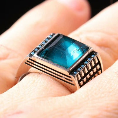 Turkish New Model Aquamarine Stone 925 Sterling Silver Mens Ring